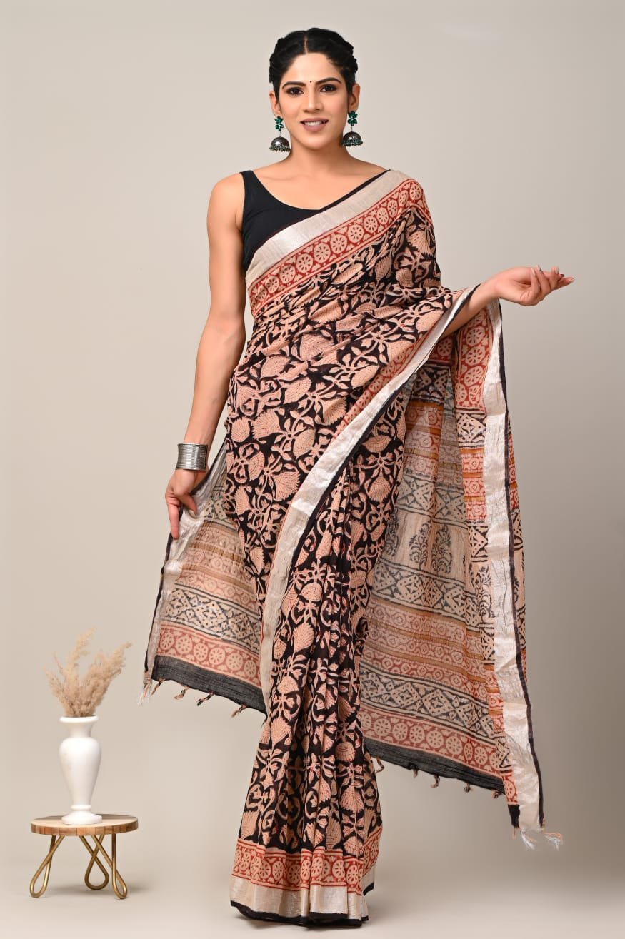 Hand Block Printed Linen Saree with Blouse